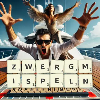 Kreative Illustration für ein Scrabble-Spiel, bei dem das Wort ZWERGMISPELN mit Steinen auf dem Brett gelegt wurde.