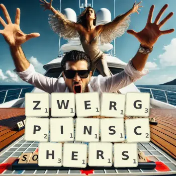 Kreative Illustration für ein Scrabble-Spiel, bei dem das Wort ZWERGPINSCHERS mit Steinen auf dem Brett gelegt wurde.