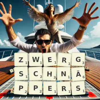 Kreative Illustration für ein Scrabble-Spiel, bei dem das Wort ZWERGSCHNÄPPERS mit Steinen auf dem Brett gelegt wurde.