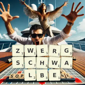 Kreative Illustration für ein Scrabble-Spiel, bei dem das Wort ZWERGSCHWALBE mit Steinen auf dem Brett gelegt wurde.