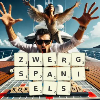 Kreative Illustration für ein Scrabble-Spiel, bei dem das Wort ZWERGSPANIELS mit Steinen auf dem Brett gelegt wurde.