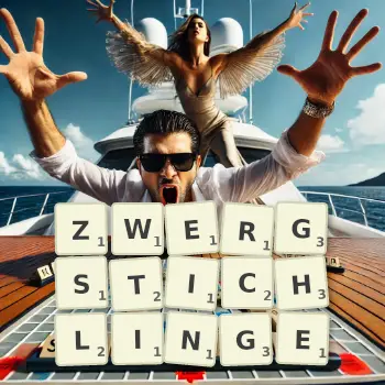 Kreative Illustration für ein Scrabble-Spiel, bei dem das Wort ZWERGSTICHLINGE mit Steinen auf dem Brett gelegt wurde.