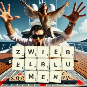 Kreative Illustration für ein Scrabble-Spiel, bei dem das Wort ZWIEBELBLUMEN mit Steinen auf dem Brett gelegt wurde.