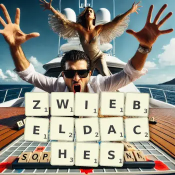 Kreative Illustration für ein Scrabble-Spiel, bei dem das Wort ZWIEBELDACHES mit Steinen auf dem Brett gelegt wurde.