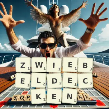 Kreative Illustration für ein Scrabble-Spiel, bei dem das Wort ZWIEBELDECKEN mit Steinen auf dem Brett gelegt wurde.