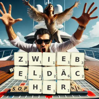 Kreative Illustration für ein Scrabble-Spiel, bei dem das Wort ZWIEBELDÄCHER mit Steinen auf dem Brett gelegt wurde.