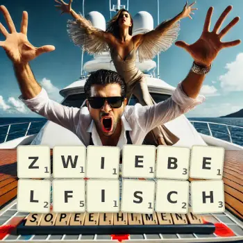 Kreative Illustration für ein Scrabble-Spiel, bei dem das Wort ZWIEBELFISCH mit Steinen auf dem Brett gelegt wurde.