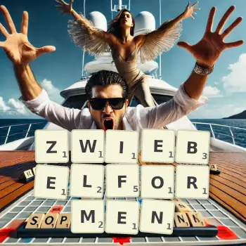 Kreative Illustration für ein Scrabble-Spiel, bei dem das Wort ZWIEBELFORMEN mit Steinen auf dem Brett gelegt wurde.
