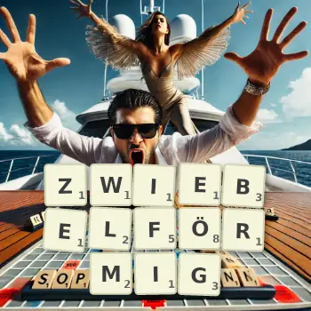 Kreative Illustration für ein Scrabble-Spiel, bei dem das Wort ZWIEBELFÖRMIG mit Steinen auf dem Brett gelegt wurde.