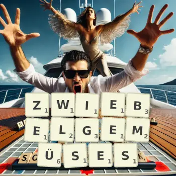 Kreative Illustration für ein Scrabble-Spiel, bei dem das Wort ZWIEBELGEMÜSES mit Steinen auf dem Brett gelegt wurde.