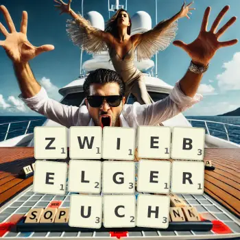 Kreative Illustration für ein Scrabble-Spiel, bei dem das Wort ZWIEBELGERUCH mit Steinen auf dem Brett gelegt wurde.