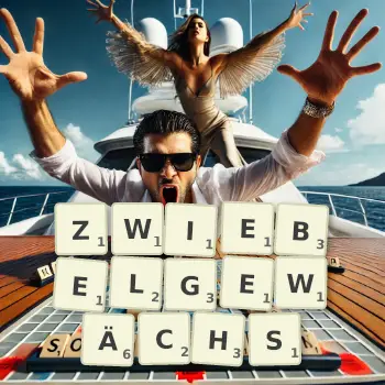 Kreative Illustration für ein Scrabble-Spiel, bei dem das Wort ZWIEBELGEWÄCHS mit Steinen auf dem Brett gelegt wurde.