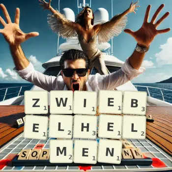 Kreative Illustration für ein Scrabble-Spiel, bei dem das Wort ZWIEBELHELMEN mit Steinen auf dem Brett gelegt wurde.