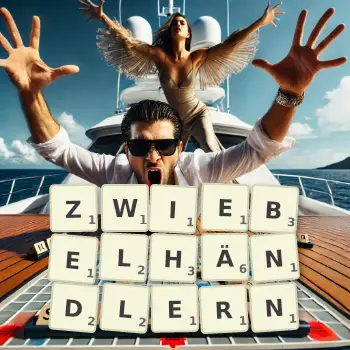 Kreative Illustration für ein Scrabble-Spiel, bei dem das Wort ZWIEBELHÄNDLERN mit Steinen auf dem Brett gelegt wurde.