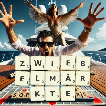 Kreative Illustration für ein Scrabble-Spiel, bei dem das Wort ZWIEBELMÄRKTE mit Steinen auf dem Brett gelegt wurde.