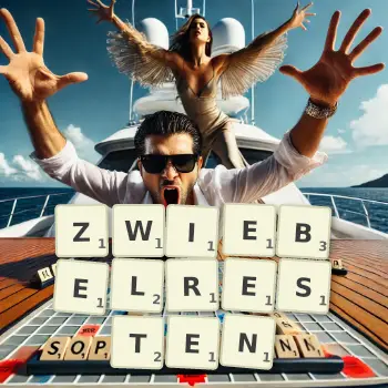 Kreative Illustration für ein Scrabble-Spiel, bei dem das Wort ZWIEBELRESTEN mit Steinen auf dem Brett gelegt wurde.