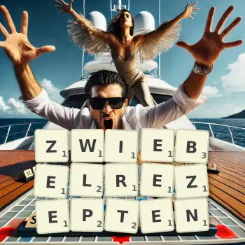 Kreative Illustration für ein Scrabble-Spiel, bei dem das Wort ZWIEBELREZEPTEN mit Steinen auf dem Brett gelegt wurde.