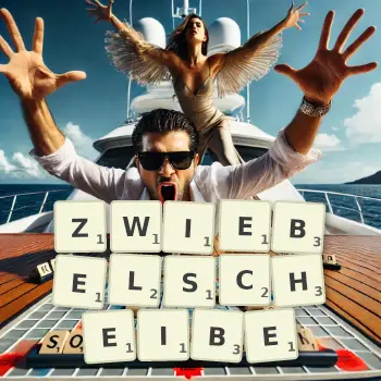 Kreative Illustration für ein Scrabble-Spiel, bei dem das Wort ZWIEBELSCHEIBE mit Steinen auf dem Brett gelegt wurde.