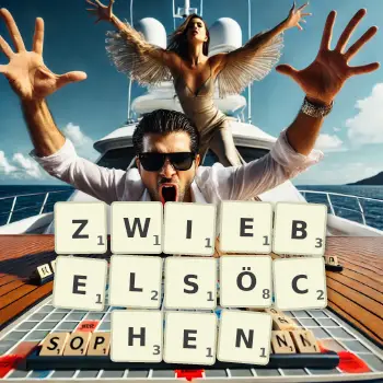 Kreative Illustration für ein Scrabble-Spiel, bei dem das Wort ZWIEBELSÖCHEN mit Steinen auf dem Brett gelegt wurde.