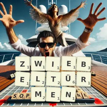 Kreative Illustration für ein Scrabble-Spiel, bei dem das Wort ZWIEBELTÜRMEN mit Steinen auf dem Brett gelegt wurde.