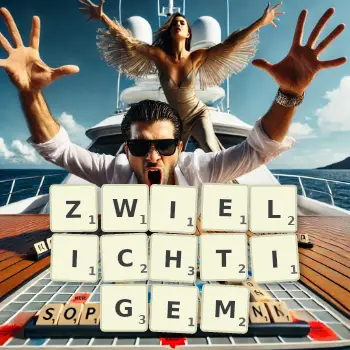 Kreative Illustration für ein Scrabble-Spiel, bei dem das Wort ZWIELICHTIGEM mit Steinen auf dem Brett gelegt wurde.