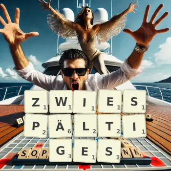 Kreative Illustration für ein Scrabble-Spiel, bei dem das Wort ZWIESPÄLTIGES mit Steinen auf dem Brett gelegt wurde.