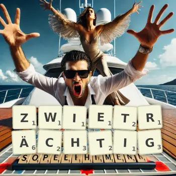 Kreative Illustration für ein Scrabble-Spiel, bei dem das Wort ZWIETRÄCHTIG mit Steinen auf dem Brett gelegt wurde.