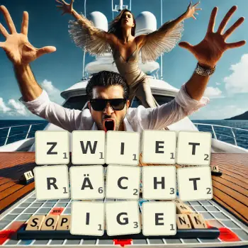 Kreative Illustration für ein Scrabble-Spiel, bei dem das Wort ZWIETRÄCHTIGE mit Steinen auf dem Brett gelegt wurde.