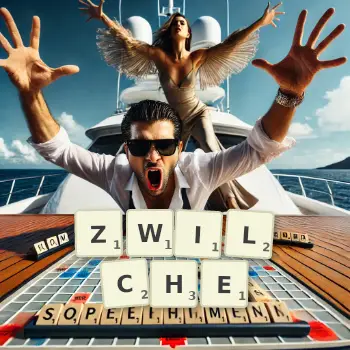 Kreative Illustration für ein Scrabble-Spiel, bei dem das Wort ZWILCHE mit Steinen auf dem Brett gelegt wurde.