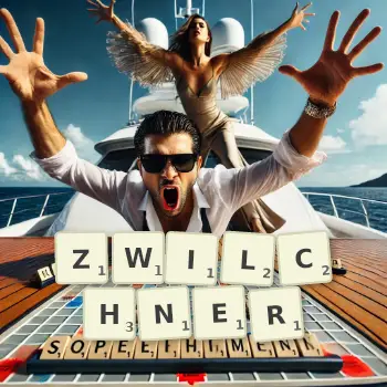 Kreative Illustration für ein Scrabble-Spiel, bei dem das Wort ZWILCHNER mit Steinen auf dem Brett gelegt wurde.
