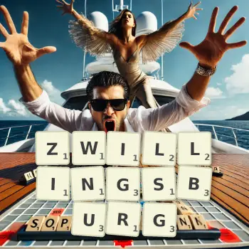 Kreative Illustration für ein Scrabble-Spiel, bei dem das Wort ZWILLINGSBURG mit Steinen auf dem Brett gelegt wurde.