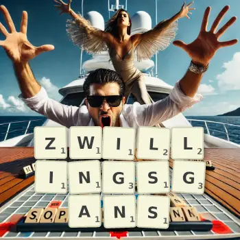 Kreative Illustration für ein Scrabble-Spiel, bei dem das Wort ZWILLINGSGANS mit Steinen auf dem Brett gelegt wurde.