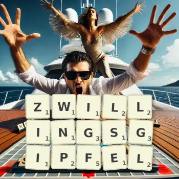 Kreative Illustration für ein Scrabble-Spiel, bei dem das Wort ZWILLINGSGIPFEL mit Steinen auf dem Brett gelegt wurde.