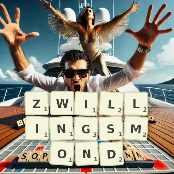 Kreative Illustration für ein Scrabble-Spiel, bei dem das Wort ZWILLINGSMOND mit Steinen auf dem Brett gelegt wurde.