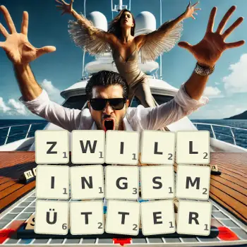 Kreative Illustration für ein Scrabble-Spiel, bei dem das Wort ZWILLINGSMÜTTER mit Steinen auf dem Brett gelegt wurde.