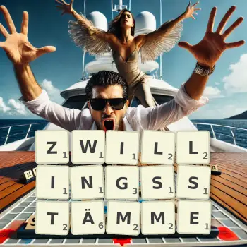 Kreative Illustration für ein Scrabble-Spiel, bei dem das Wort ZWILLINGSSTÄMME mit Steinen auf dem Brett gelegt wurde.