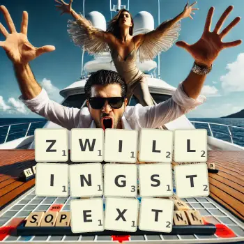 Kreative Illustration für ein Scrabble-Spiel, bei dem das Wort ZWILLINGSTEXT mit Steinen auf dem Brett gelegt wurde.