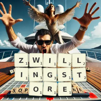 Kreative Illustration für ein Scrabble-Spiel, bei dem das Wort ZWILLINGSTORE mit Steinen auf dem Brett gelegt wurde.