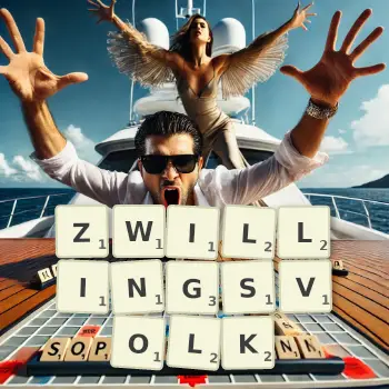 Kreative Illustration für ein Scrabble-Spiel, bei dem das Wort ZWILLINGSVOLK mit Steinen auf dem Brett gelegt wurde.