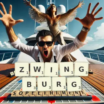Kreative Illustration für ein Scrabble-Spiel, bei dem das Wort ZWINGBURG mit Steinen auf dem Brett gelegt wurde.