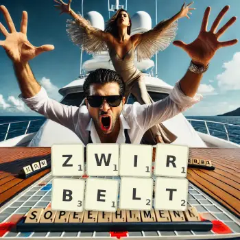 Kreative Illustration für ein Scrabble-Spiel, bei dem das Wort ZWIRBELT mit Steinen auf dem Brett gelegt wurde.