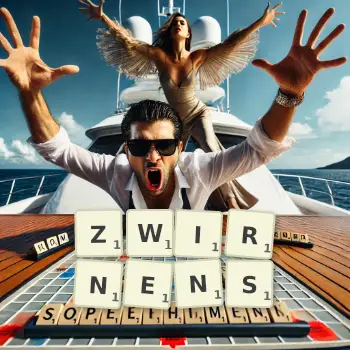 Kreative Illustration für ein Scrabble-Spiel, bei dem das Wort ZWIRNENS mit Steinen auf dem Brett gelegt wurde.
