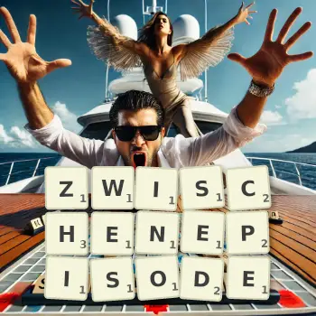 Kreative Illustration für ein Scrabble-Spiel, bei dem das Wort ZWISCHENEPISODE mit Steinen auf dem Brett gelegt wurde.