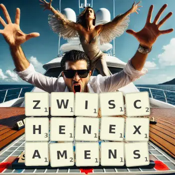 Kreative Illustration für ein Scrabble-Spiel, bei dem das Wort ZWISCHENEXAMENS mit Steinen auf dem Brett gelegt wurde.