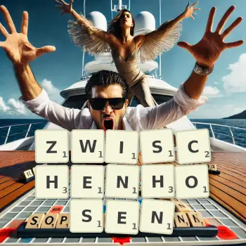 Kreative Illustration für ein Scrabble-Spiel, bei dem das Wort ZWISCHENHOSEN mit Steinen auf dem Brett gelegt wurde.
