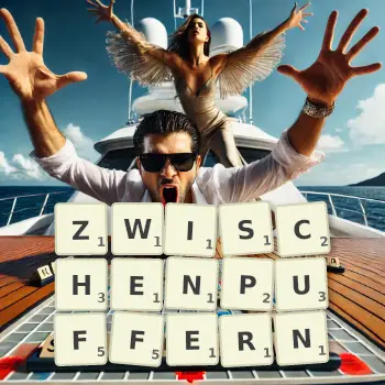 Kreative Illustration für ein Scrabble-Spiel, bei dem das Wort ZWISCHENPUFFERN mit Steinen auf dem Brett gelegt wurde.