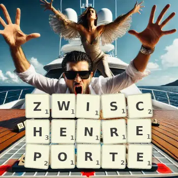 Kreative Illustration für ein Scrabble-Spiel, bei dem das Wort ZWISCHENREPORTE mit Steinen auf dem Brett gelegt wurde.