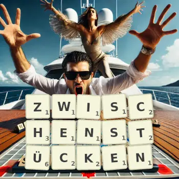 Kreative Illustration für ein Scrabble-Spiel, bei dem das Wort ZWISCHENSTÜCKEN mit Steinen auf dem Brett gelegt wurde.