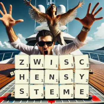 Kreative Illustration für ein Scrabble-Spiel, bei dem das Wort ZWISCHENSYSTEME mit Steinen auf dem Brett gelegt wurde.