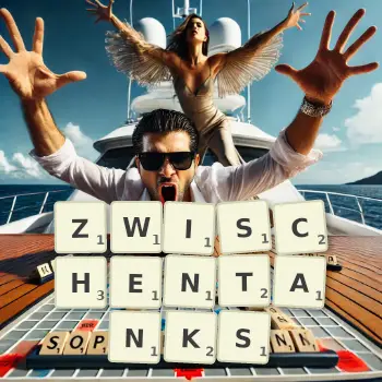 Kreative Illustration für ein Scrabble-Spiel, bei dem das Wort ZWISCHENTANKS mit Steinen auf dem Brett gelegt wurde.